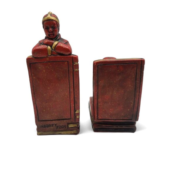 BOOKENDS Asian Boy and Girl ABBOTT Red And Gold Figurines Vintage - Picture 2 of 11